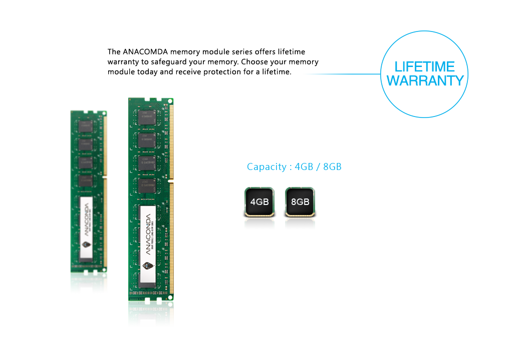 The ANACOMDA memory module series offers lifetime warranty to safeguard your memory. Choose your memory module today and receive protection for a lifetime.